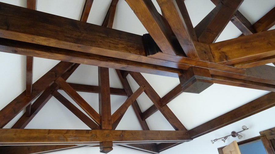 Master ensuite bedroom timbers in upper floor of pigeonnier.
